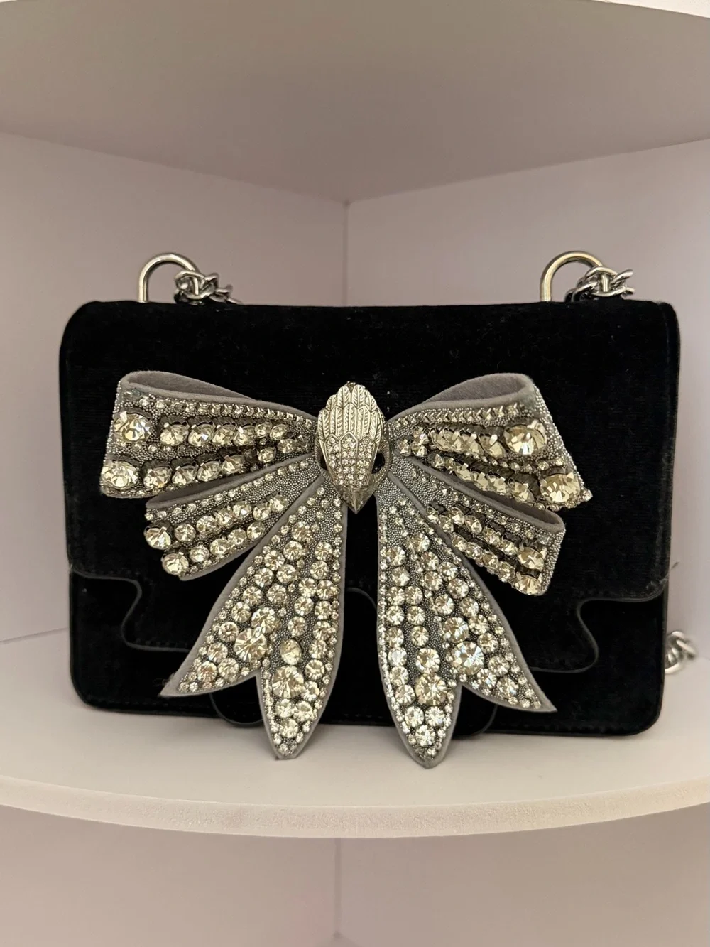 Black Velvet Evening Crossbody with Crystal Bow Accent